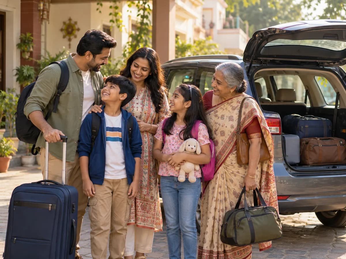 Illustration of a family group preparing for a private journey
